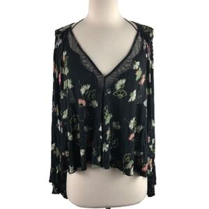 Free People Womens Floral Shirt Black White Pink Green Size Large